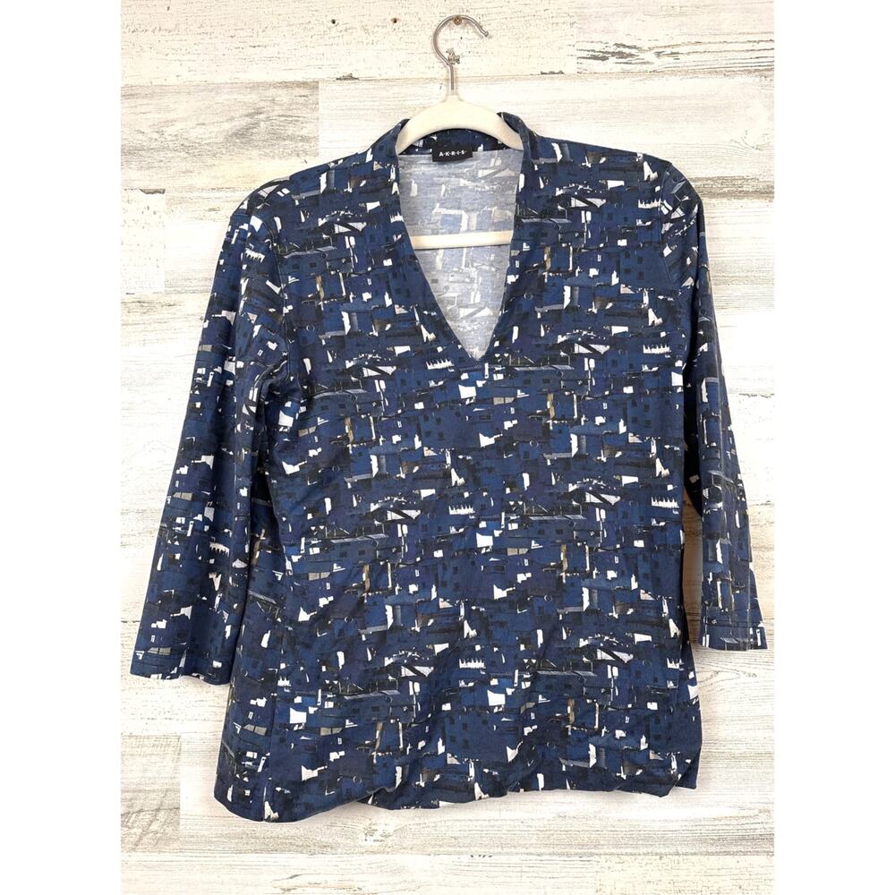 Akris Womens S Blue White Abstract 3/4 Sleeve V Neck Casual Designer Top